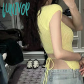 Lunivop Sexy Knitted T-Shirts Women Backless Bandage Design Hotsweet Summer Skinny Crop Tops
