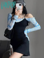 Lunivop Sexy Korean Streetwear Crop T Shirts Women Tie Dye Mesh Tops Female Aesthetic Blue Thin See