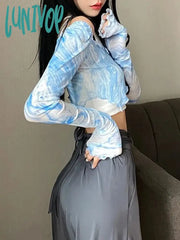 Lunivop Sexy Korean Streetwear Crop T Shirts Women Tie Dye Mesh Tops Female Aesthetic Blue Thin See