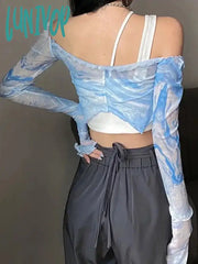 Lunivop Sexy Korean Streetwear Crop T Shirts Women Tie Dye Mesh Tops Female Aesthetic Blue Thin See