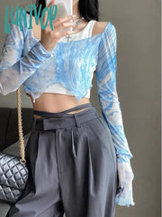 Lunivop Sexy Korean Streetwear Crop T Shirts Women Tie Dye Mesh Tops Female Aesthetic Blue Thin See