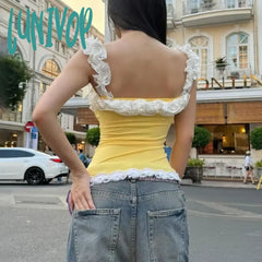Lunivop Sexy Lace One-Shoulder Sleeveless Cropped Top For Women Strapless Splice Slim Fashion Y2K