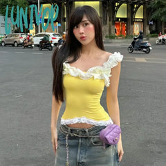 Lunivop Sexy Lace One-Shoulder Sleeveless Cropped Top For Women Strapless Splice Slim Fashion Y2K