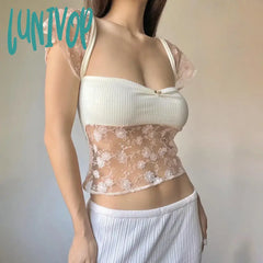 Lunivop Sexy Lace Patchwork Aesthetic Kawaii Sweet T Shirt Women 2024 Summer Fashion Short Sleeve