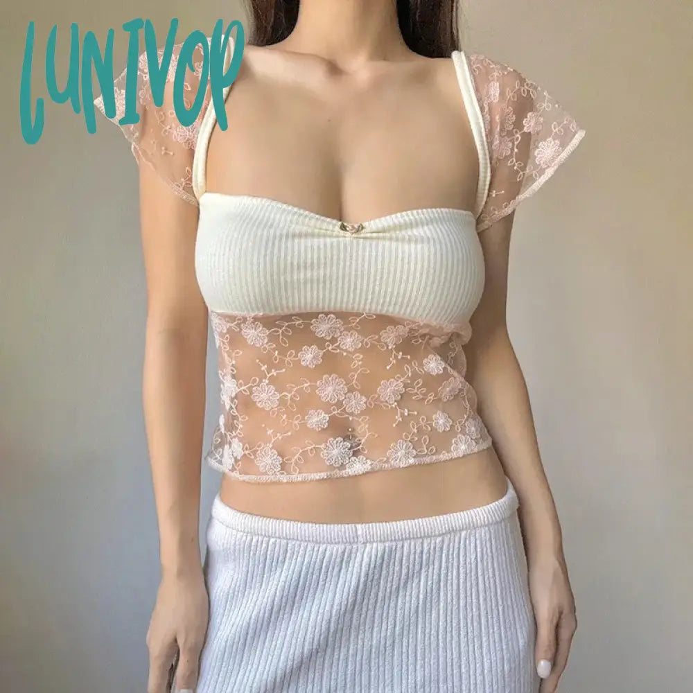 Lunivop Sexy Lace Patchwork Aesthetic Kawaii Sweet T Shirt Women 2024 Summer Fashion Short Sleeve