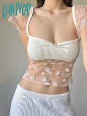 Lunivop Sexy Lace Patchwork Aesthetic Kawaii Sweet T Shirt Women 2024 Summer Fashion Short Sleeve