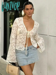 Lunivop Sexy Lace Up Short Cardigan T-Shirt For Women Splice Cut Out See-Through Flare Sleeve New