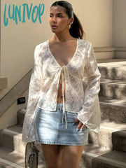 Lunivop Sexy Lace Up Short Cardigan T-Shirt For Women Splice Cut Out See-Through Flare Sleeve New