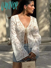 Lunivop Sexy Lace Up Short Cardigan T-Shirt For Women Splice Cut Out See-Through Flare Sleeve New