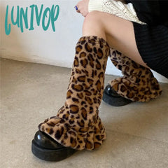 Lunivop Sexy Leopard Print Fur Leg Warmers Y2K Socks Thigh High Harajuku Boot Cuffs Zebra Lolita