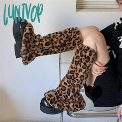 Lunivop Sexy Leopard Print Fur Leg Warmers Y2K Socks Thigh High Harajuku Boot Cuffs Zebra Lolita