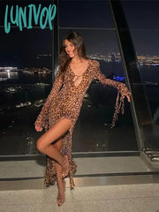 Lunivop Sexy Leopard Print Women Split Maxi Dress Fashion Ruffle V-Neck Lace Up Long Sleeve Dresses