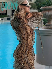 Lunivop Sexy Leopard Print Women Split Maxi Dress Fashion Ruffle V-Neck Lace Up Long Sleeve Dresses