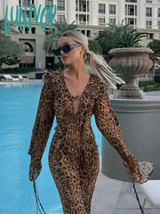 Lunivop Sexy Leopard Print Women Split Maxi Dress Fashion Ruffle V-Neck Lace Up Long Sleeve Dresses