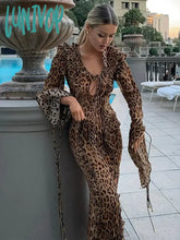 Lunivop Sexy Leopard Print Women Split Maxi Dress Fashion Ruffle V-Neck Lace Up Long Sleeve Dresses