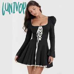 Lunivop Sexy Long Sleeve Mini Dress Lace Strap Bandage Dresses Women Autumn Full Puff Hot Girl Slim