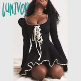 Lunivop Sexy Long Sleeve Mini Dress Lace Strap Bandage Dresses Women Autumn Full Puff Hot Girl Slim