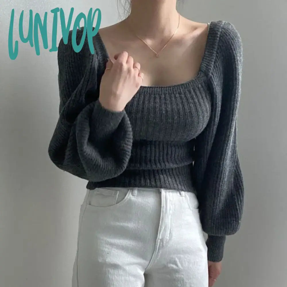 Lunivop Sexy Low-Cut Square Collar Sweater Woman Vintage Puff Sleeve Slim Fit Knitted Jumper Autumn