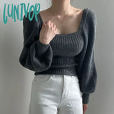 Lunivop Sexy Low-Cut Square Collar Sweater Woman Vintage Puff Sleeve Slim Fit Knitted Jumper Autumn