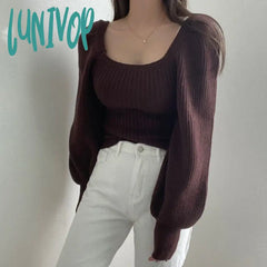 Lunivop Sexy Low-Cut Square Collar Sweater Woman Vintage Puff Sleeve Slim Fit Knitted Jumper Autumn