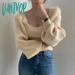 Lunivop Sexy Low-Cut Square Collar Sweater Woman Vintage Puff Sleeve Slim Fit Knitted Jumper Autumn