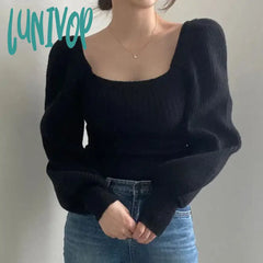 Lunivop Sexy Low-Cut Square Collar Sweater Woman Vintage Puff Sleeve Slim Fit Knitted Jumper Autumn