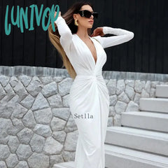 Lunivop Sexy Low Cut Twist Long Sleeve Split Maxi Dress Women Autumn Winter Deep V Neck Ruched