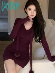 Lunivop Sexy Mini Dress Women Autumn Spring V-Neck Halter Long Sleeve Wrap Hip Slim Korean Style
