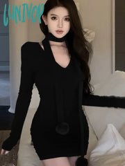 Lunivop Sexy Mini Dress Women Autumn Spring V-Neck Halter Long Sleeve Wrap Hip Slim Korean Style