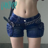Lunivop Sexy Moto Biker Low Waist Shorts Pockets Fashion Women Skinny Blue Cargo Shorts Y2K High Street Denim Short Pants 90s