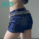 Lunivop Sexy Moto Biker Low Waist Shorts Pockets Fashion Women Skinny Blue Cargo Y2K High Street