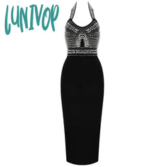 Lunivop Sexy New Black White Sleeveless V Neck Beading Bandage Dress Vestido Feminino Elegante Robe