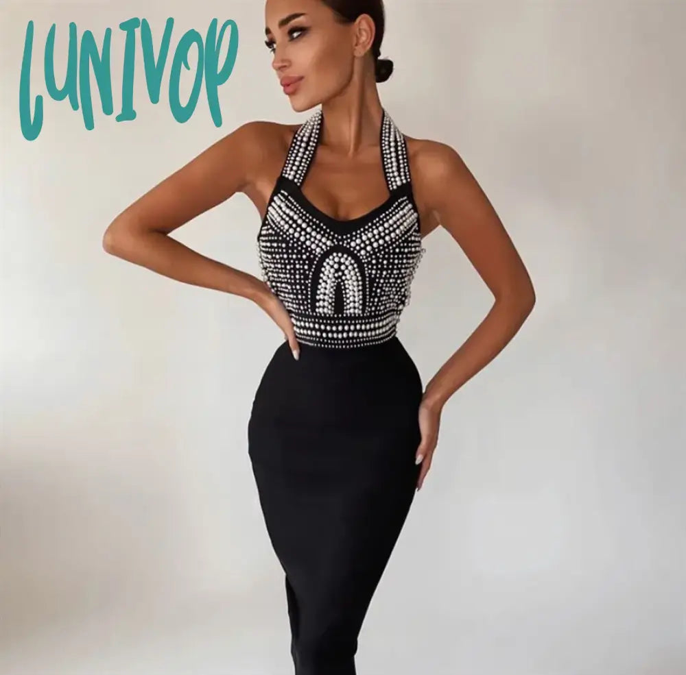 Lunivop Sexy New Black White Sleeveless V Neck Beading Bandage Dress Vestido Feminino Elegante Robe