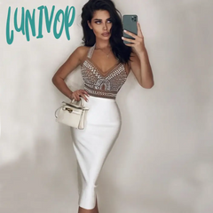 Lunivop Sexy New Black White Sleeveless V Neck Beading Bandage Dress Vestido Feminino Elegante Robe