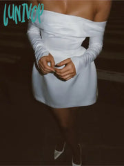 Lunivop Sexy Off Shoulder Mini Dress For Women Solid High Waist Long Sleeve Slits A-Line Dresses