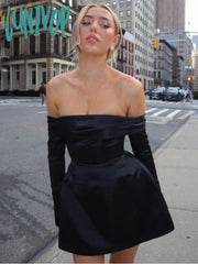 Lunivop Sexy Off Shoulder Mini Dress For Women Solid High Waist Long Sleeve Slits A-Line Dresses