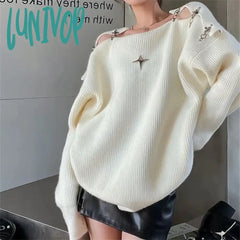 Lunivop Sexy Off Shoulder Slash Neck Pullover Sweater Autumn Loose Casual Solid Jumpers Harajuku
