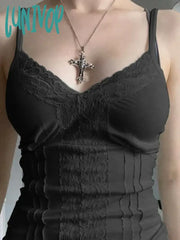 Lunivop Sexy Patchwork Lace Trim Camis Top Sweet Casual Slim Solid V-Neck Sleeveless Tank Tops