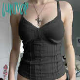 Lunivop Sexy Patchwork Lace Trim Camis Top Sweet Casual Slim Solid V-Neck Sleeveless Tank Tops