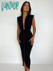 Lunivop Sexy Pleated Long Dress With Shoulder Pad Split Women High Waist Elegant Summer Club Party