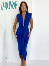 Lunivop Sexy Pleated Long Dress With Shoulder Pad Split Women High Waist Elegant Summer Club Party