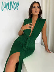 Lunivop Sexy Pleated Long Dress With Shoulder Pad Split Women High Waist Elegant Summer Club Party