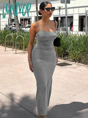 Lunivop Sexy Plunge Slim One-Shoulder Suspender Dress For Women Solid Color High Waisted Sleeveless