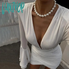 Lunivop Sexy Ruched Chiffon Long Sleeve Wrap Midi Dress For Women Party Club Fashion Outfits Flare