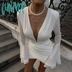 Lunivop Sexy Ruched Chiffon Long Sleeve Wrap Midi Dress For Women Party Club Fashion Outfits Flare