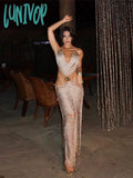 Lunivop Sexy Shiny Tassels Patchwork Women Maxi Dress Fashion Backless Waist Hollow Out Halter