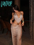 Lunivop Sexy Shiny Tassels Patchwork Women Maxi Dress Fashion Backless Waist Hollow Out Halter