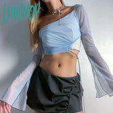 Lunivop Sexy Slant Shoulder Long Sleeve Cropped T-Shirt Women Mesh See Through Lace Up Slim Tee