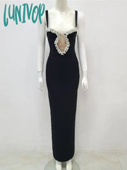 Lunivop Sexy Sleeveless Rhinestone Diamonds Black Women Maxi Long Bodycon Bandage Dress 2024