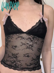 Lunivop Sexy Slim Lace Camis Tops See Through Solid Bow Deep B-Neck Sleeveless Crop Women 2024